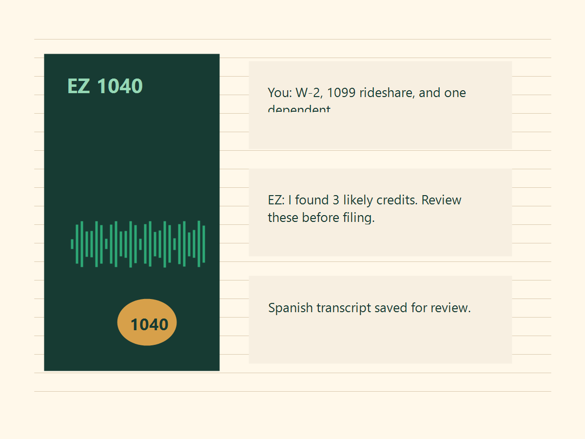 Illustrated tax notebook with a conversational transcript, waveform, and 1040 review stamp